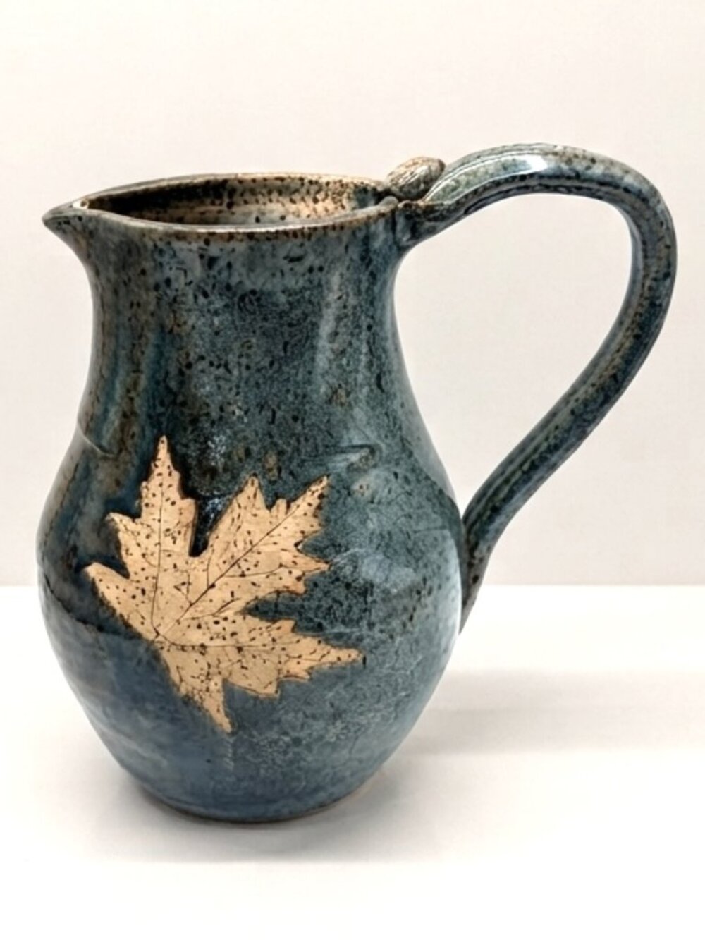Artist Signed Studio Pottery Maple Leaf Pitcher Blue Green Stoneware Art 8.25"